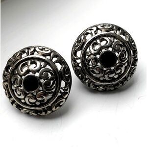 Vintage Domed Button Earrings – Silver Tone Scrollwork with Black Cabochon